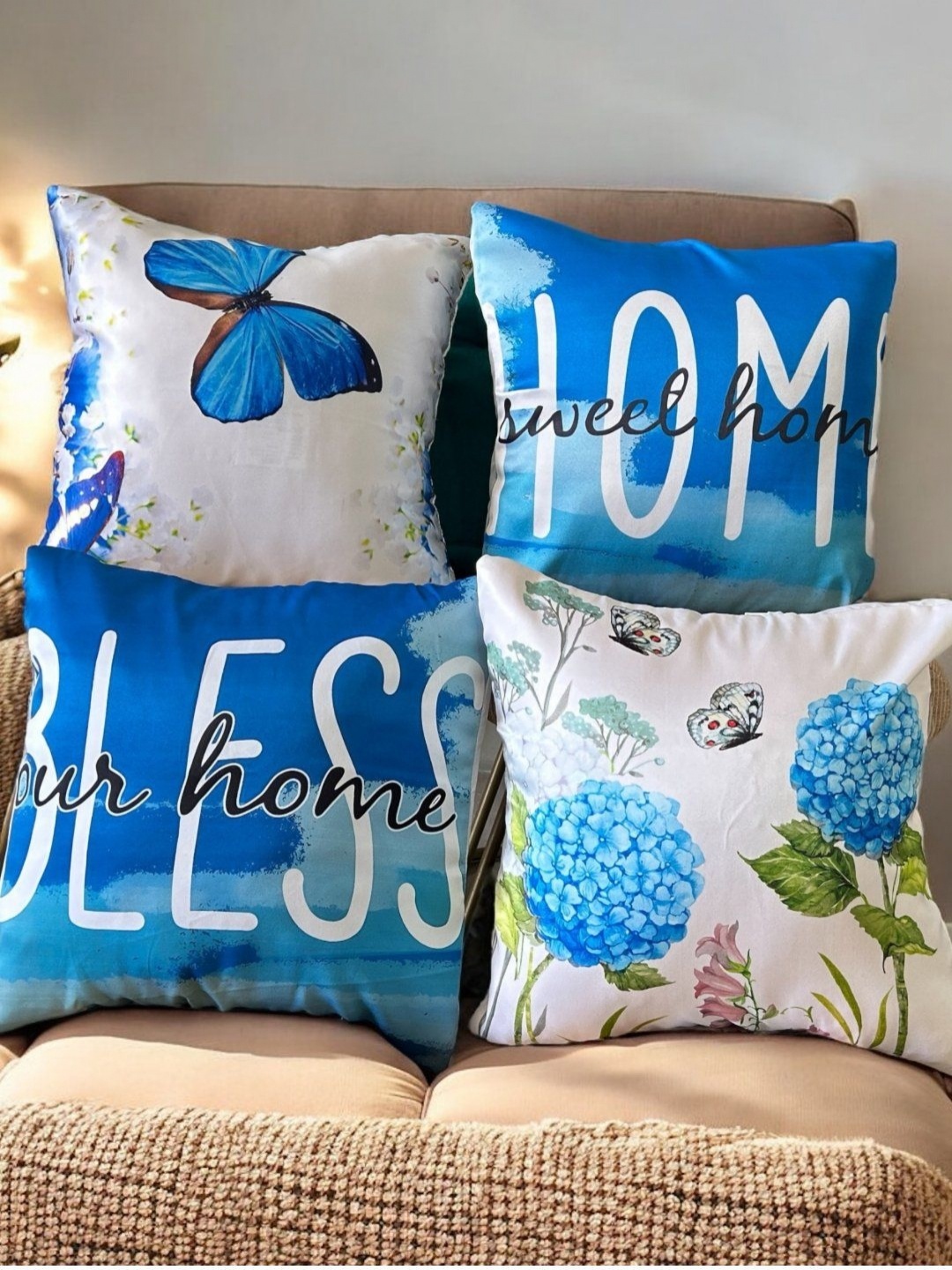 

PLAYFUL STITCHES White & Blue Set of 4 Floral Satin Square Cushion Covers