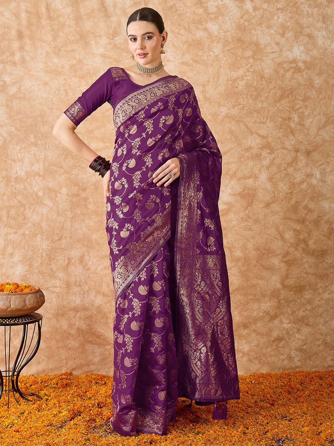 

DEVATITHI Wine Banarasi Silk Saree, Purple