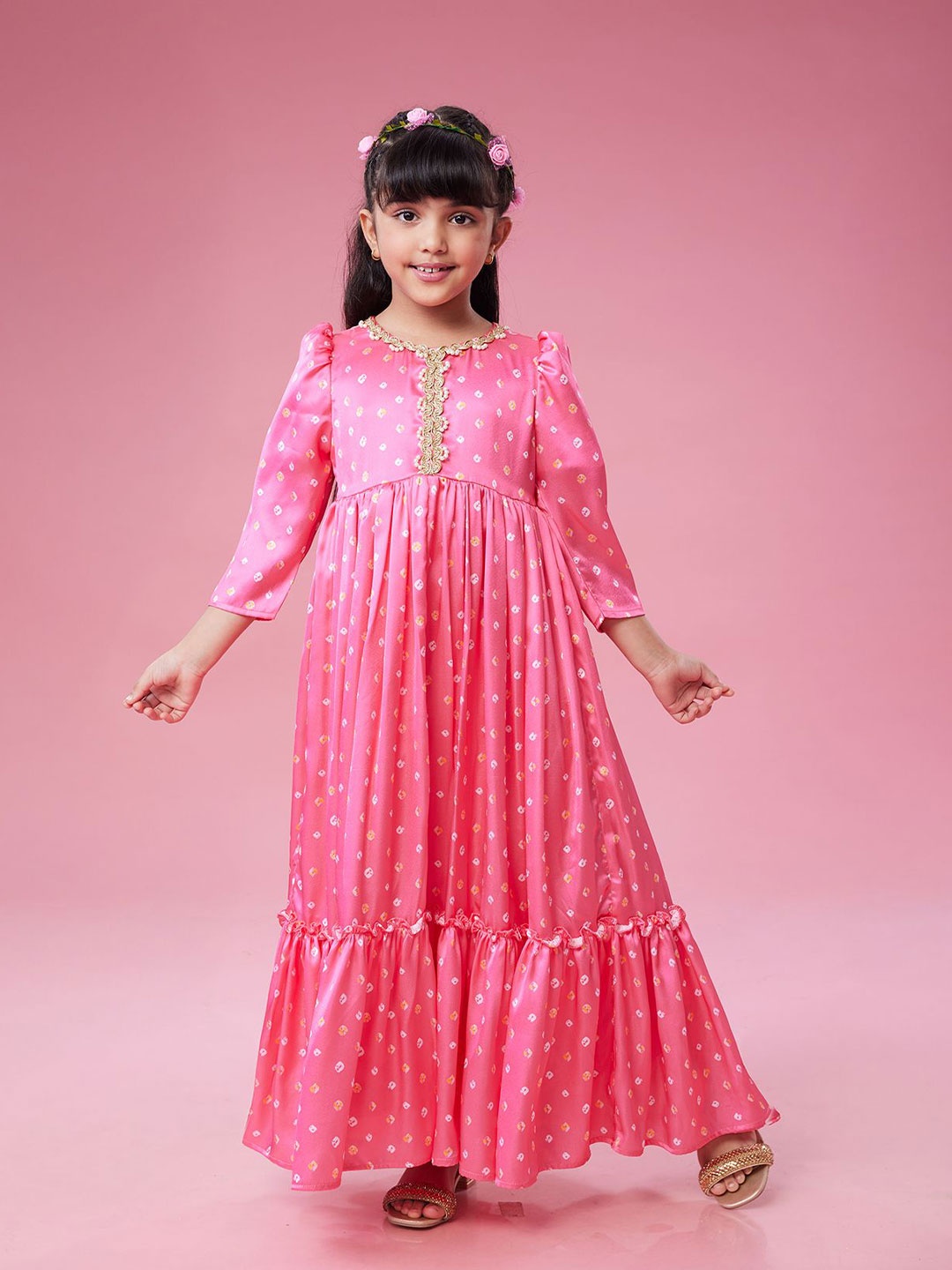 

MASTARANG Girls Printed Satin Empire Maxi Dress, Pink