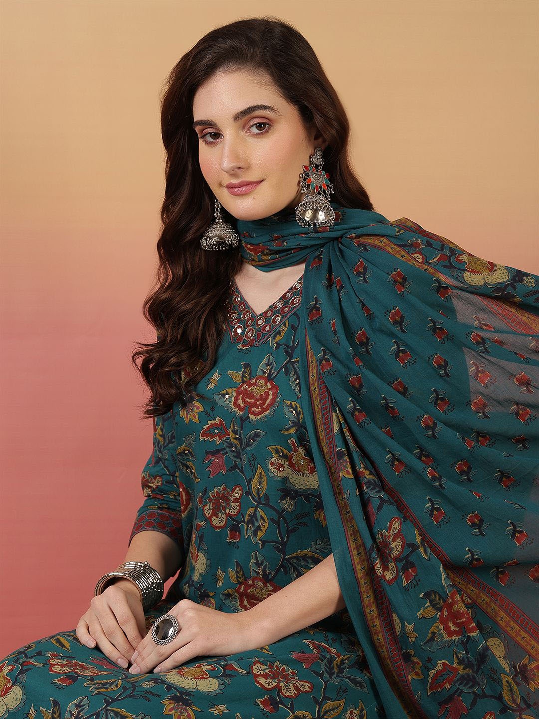 

Sangria Green Floral Printed V-Neck Pure Cotton Kurta With Trouser And Dupatta