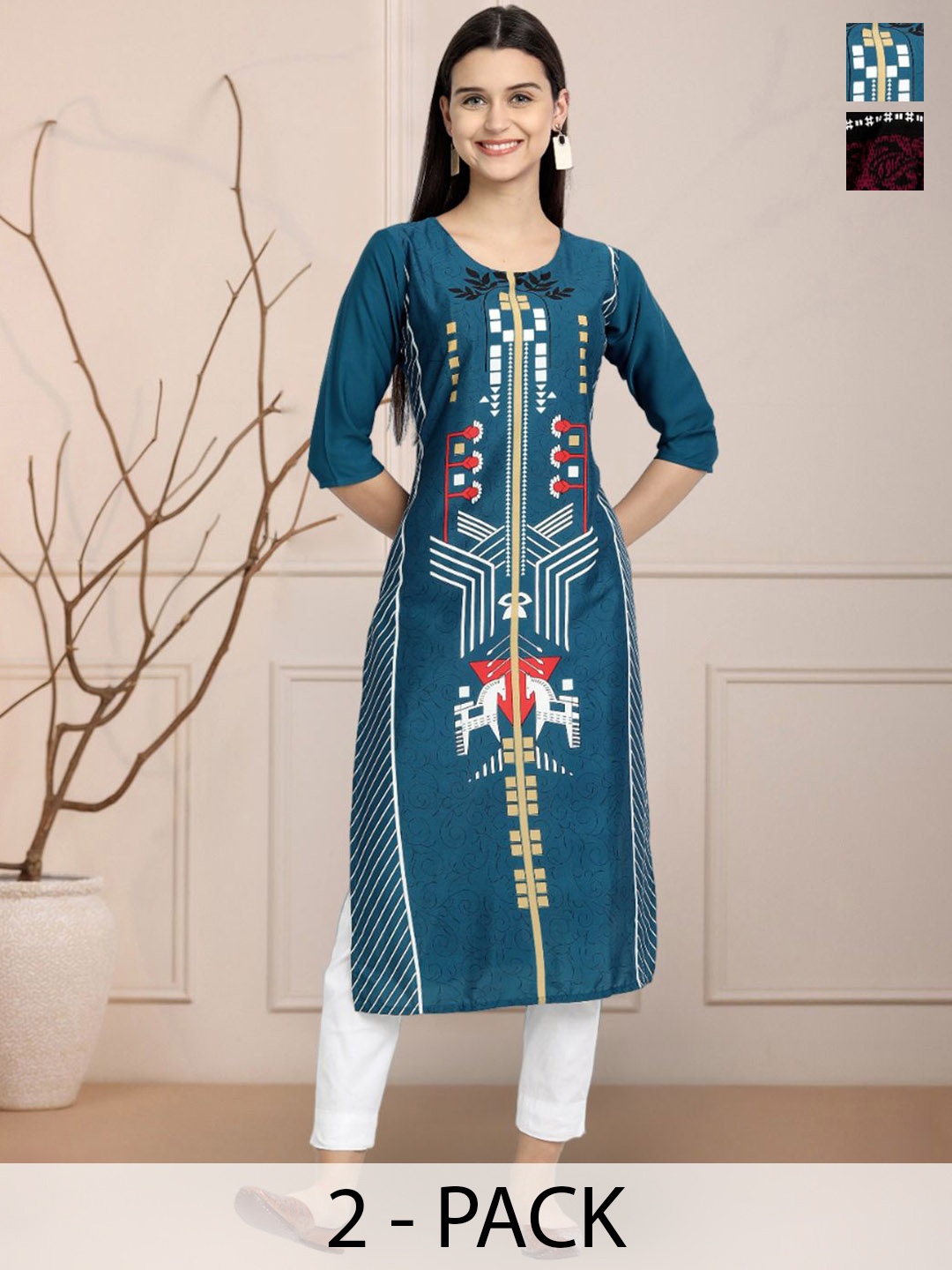 

Moda Rapido Green & Black Selection Of 2 Ethnic Motifs Printed Straight Kurtas