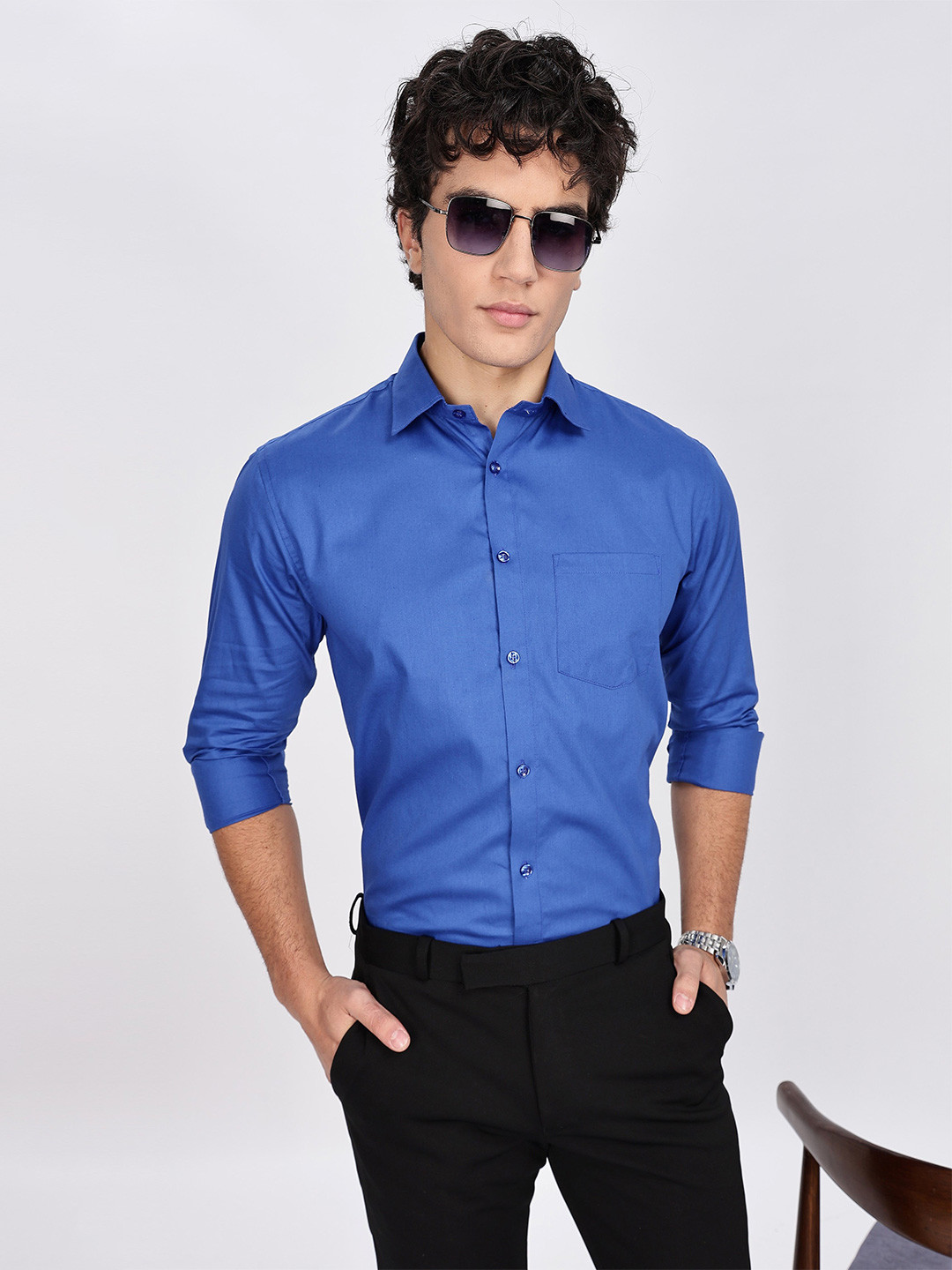 

BRUTTLYN Men Classic Slim Fit Spread Collar Solid Cotton Casual Shirt, Blue