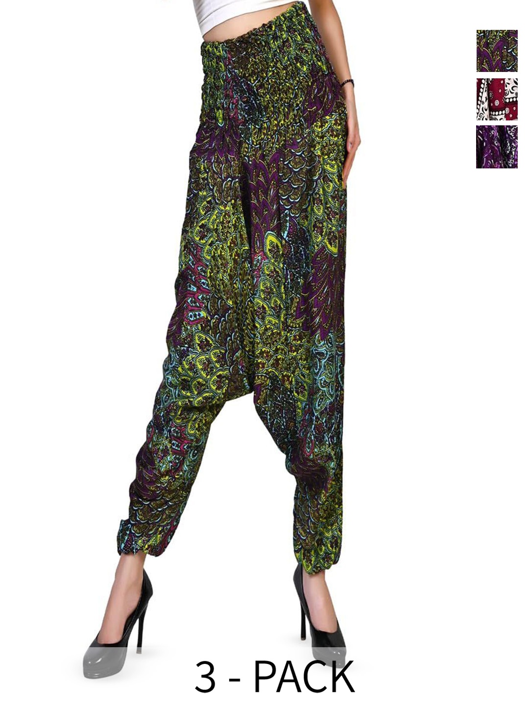 

NarNari Women Pack Of 3 Printed High-Rise Harem Pants, Green