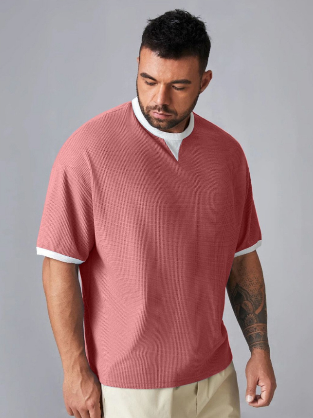 

madfrog Men Self Design Round Neck Cotton Oversized T-shirt, Peach