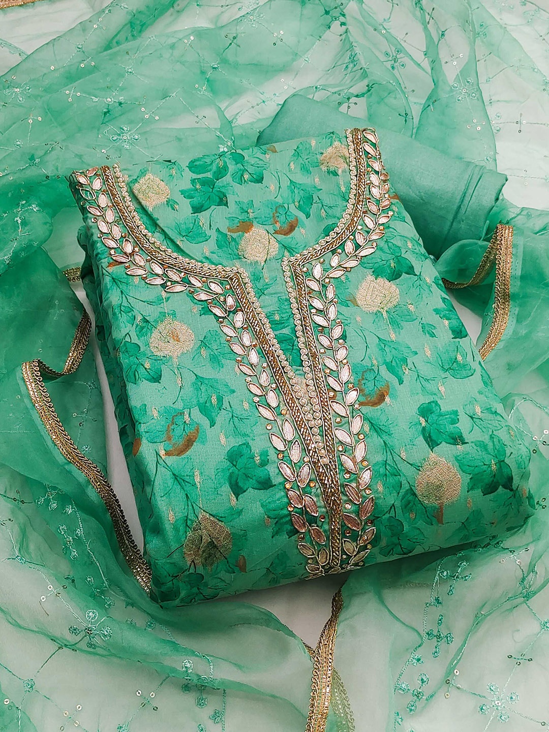 

KALINI Printed Organza Unstitched Dress Material, Sea green