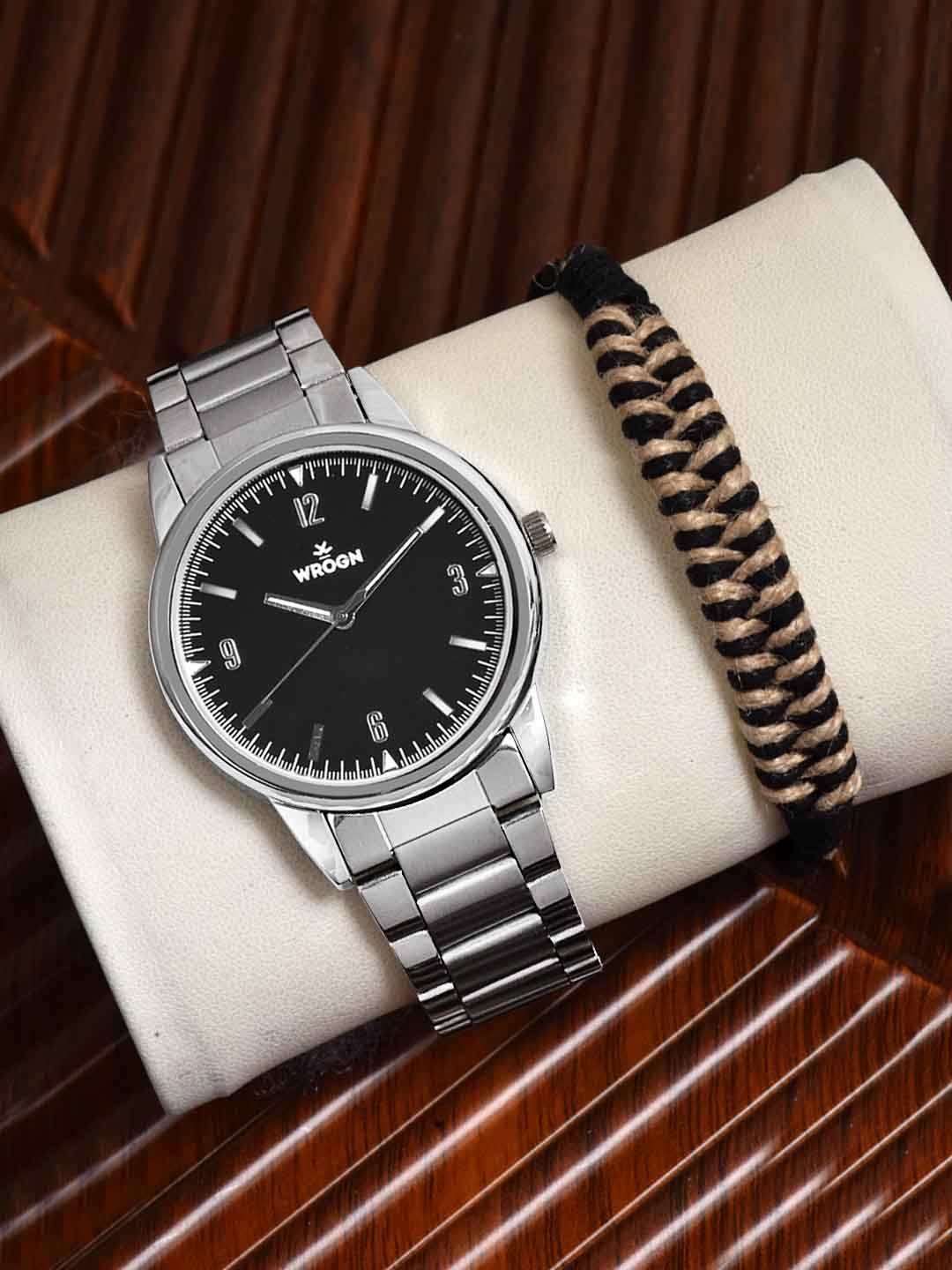 

WROGN Men Analog Watch & Leather Bracelet Gift Set, Black