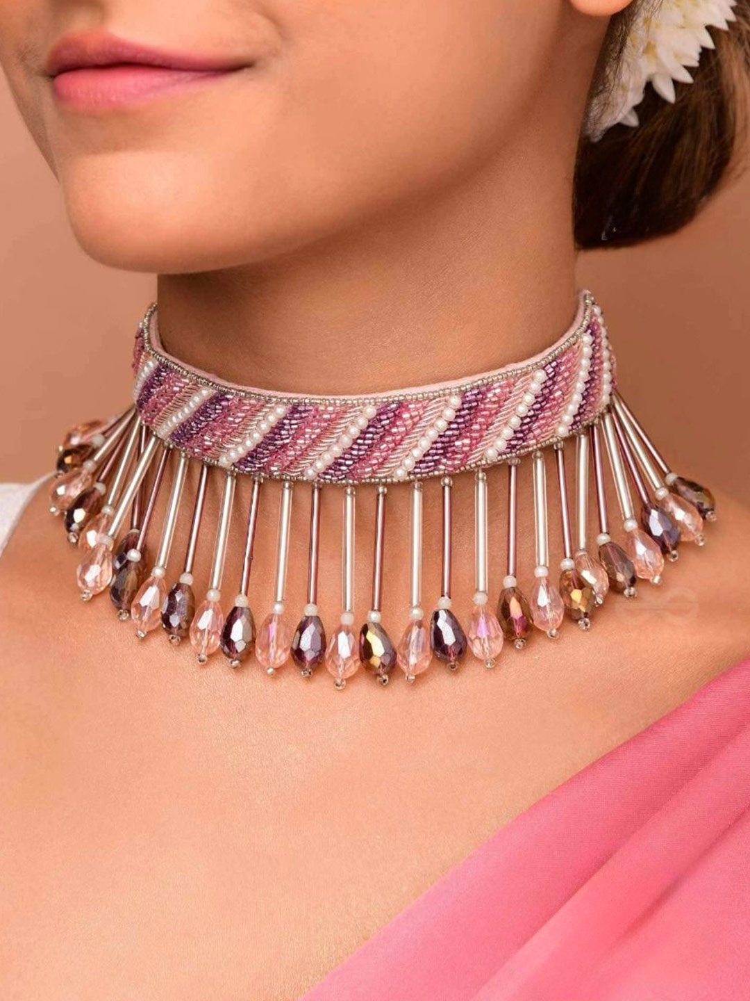 

EVERSTYLISH Sanjoya Beads, Cutdana & Glass Drops Embroidered Choker Neckpiece, Pink