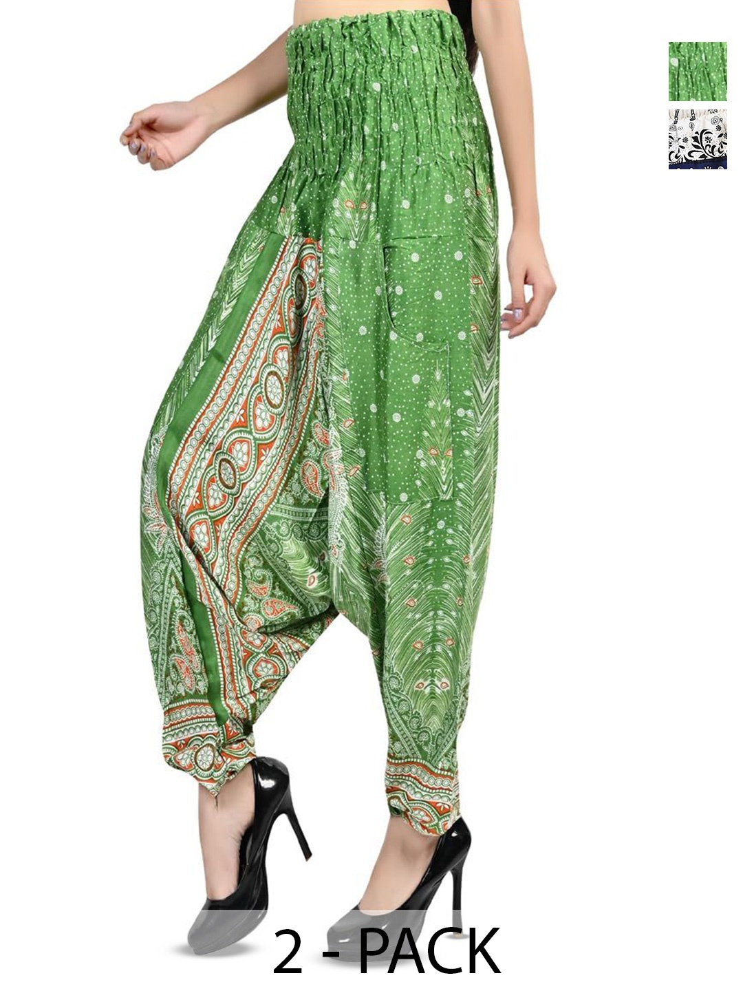 

NarNari Women Pack Of 2 Printed High Rise Harem Pants, Green