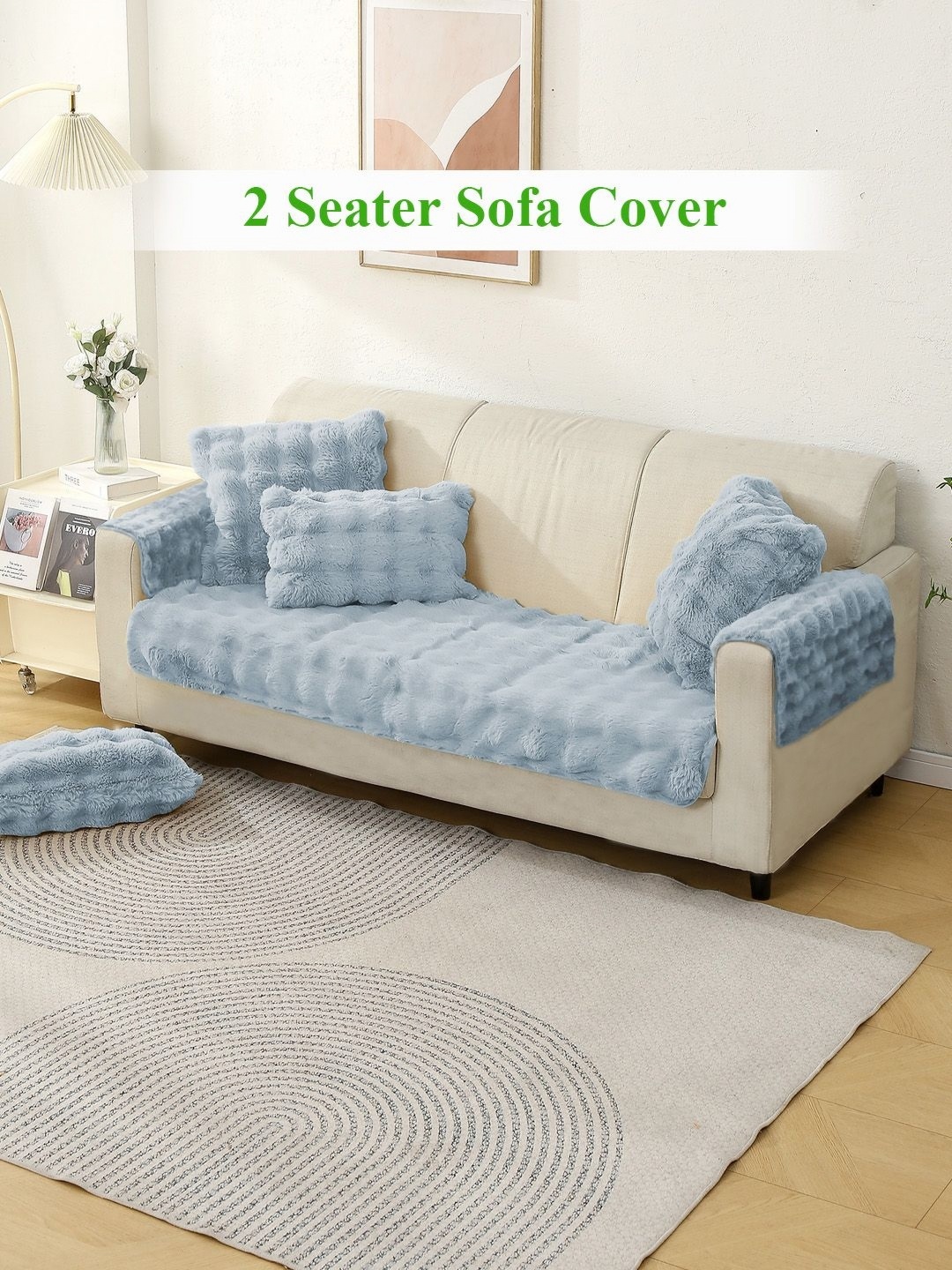 

HOKIPO Blue 3 Pieces Self Design 2-Seater Sofa Covers With Arms