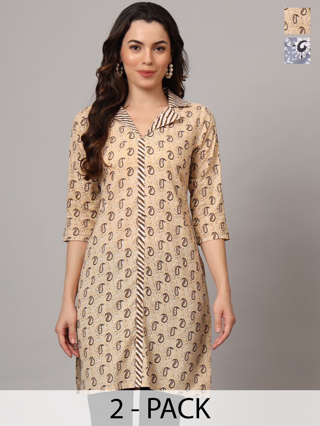 

Anouk Rustic Selection Of 2 Ethnic Motifs Printed Cotton Shirt Collar Straight Kurtas, Cream