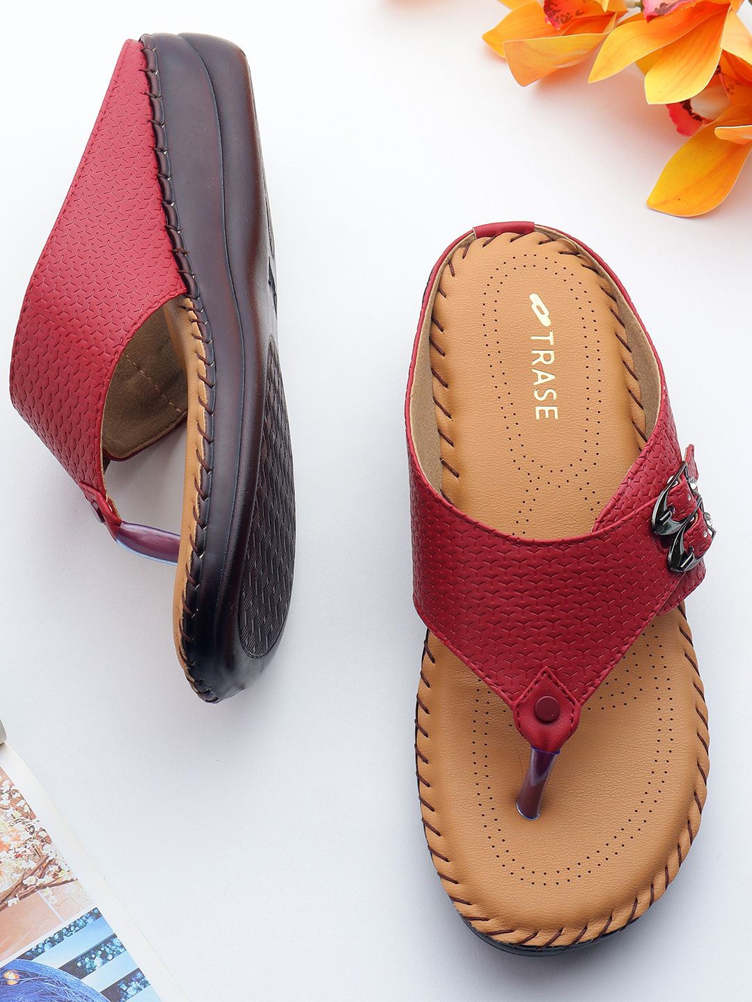 

TRASE Women Open Toe Flats with Laser Cuts, Maroon