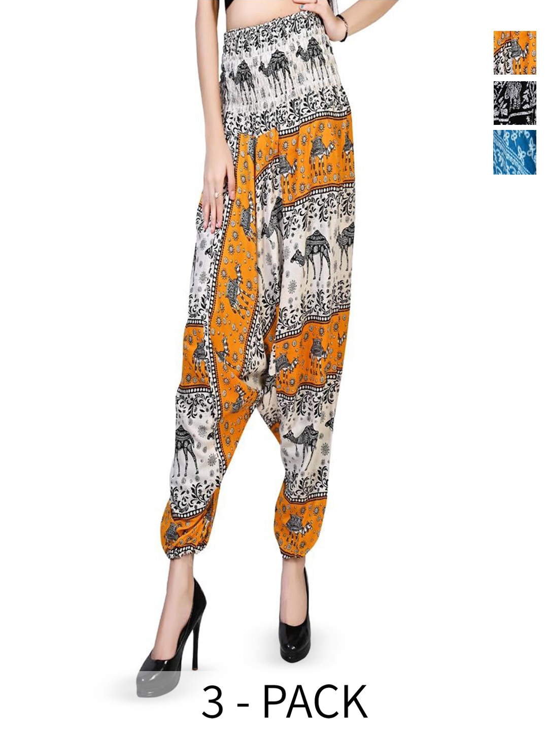 

NarNari Women Pack Of 3 Printed Mid-Rise Harem Pants, Blue