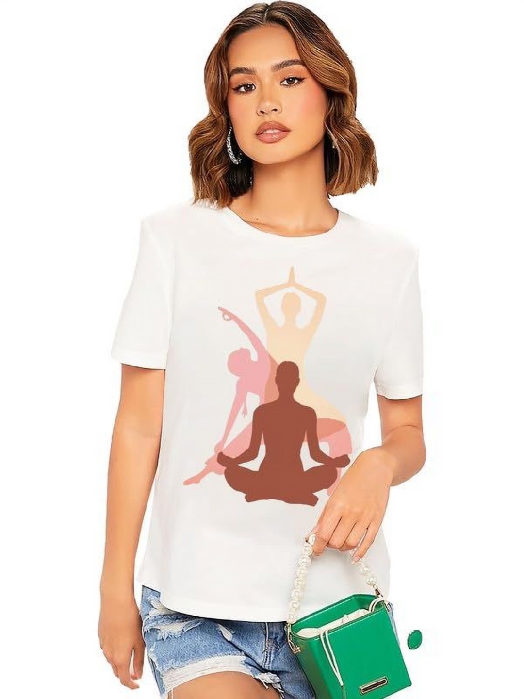 

VLAM Women Printed Drop-Shoulder Sleeves Applique T-shirt, White