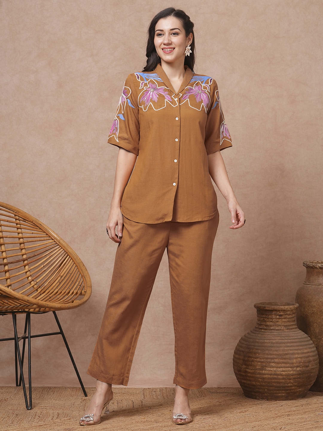 

FASHOR Embroidered Shirt Collar Neck Shirt With Trousers Co-Ords, Mustard