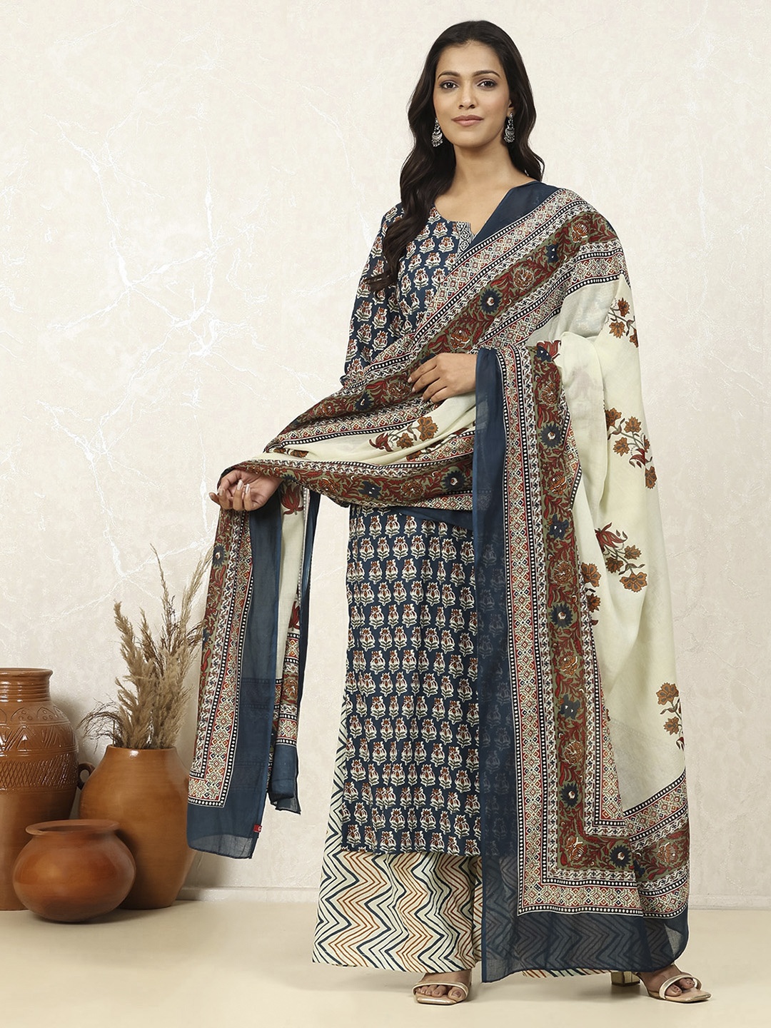 

Biba Ethnic Motifs Printed Pure Cotton Unstitched Dress Material, Blue