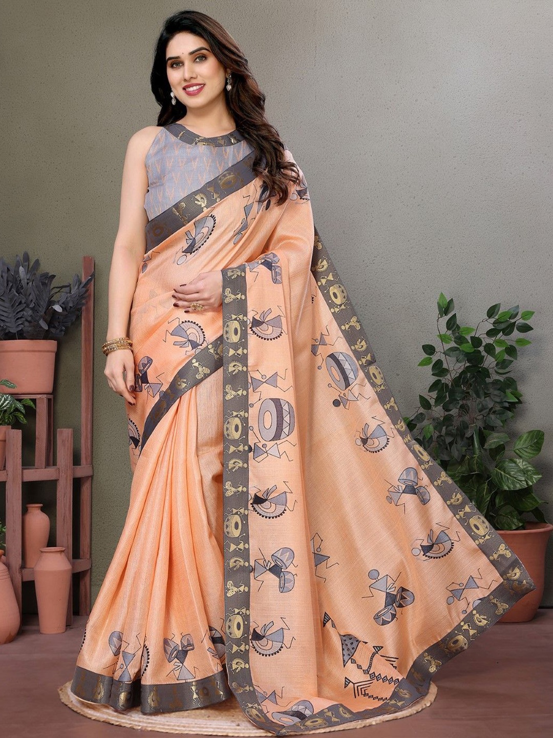 

KALINI Ethnic Motifs Printed Saree and Unstitched Blouse Material, Orange