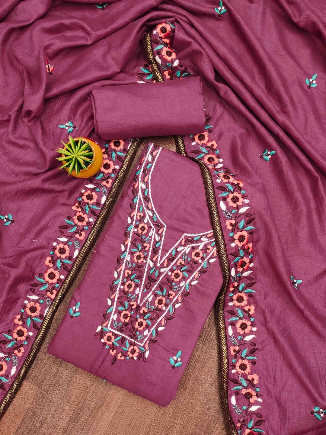 

KALINI Embroidered Unstitched Dress Material, Pink