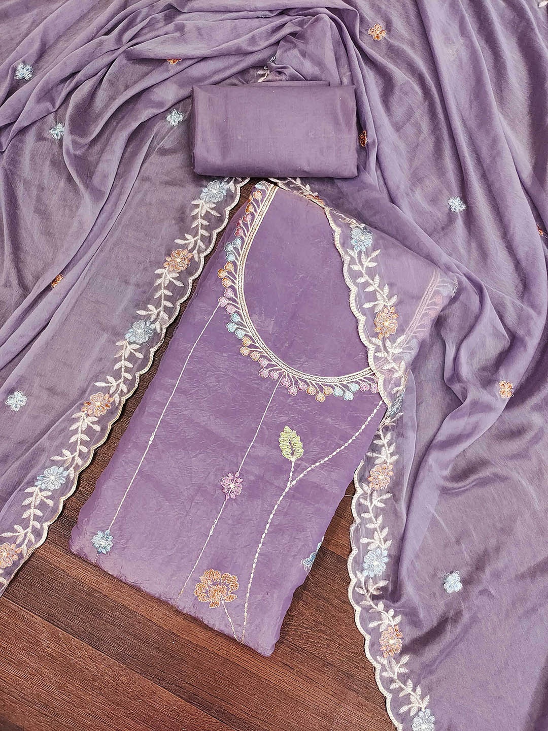 

KALINI Embroidered Pure Silk Unstitched Dress Material, Lavender
