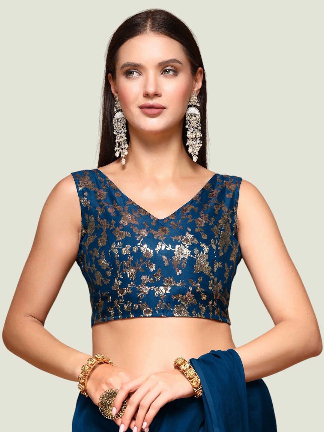

Oomph! Self-Designed Jacquard V-Neck Sleeveless Saree Blouse, Teal