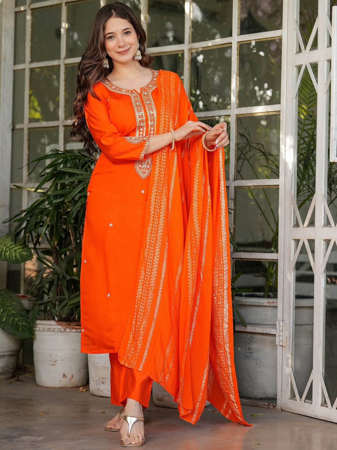 

Vintro Women Embroidered Regular Sequinned Chanderi Silk Kurta with Trousers & With Dupatta, Orange