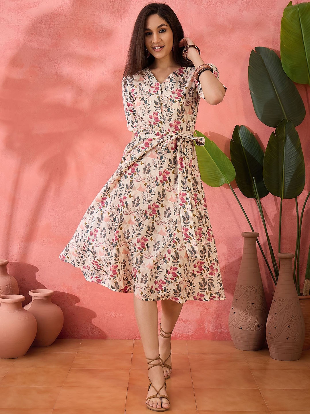 

Sangria Printed Pure Cotton A-Line Ethnic Dress, Cream