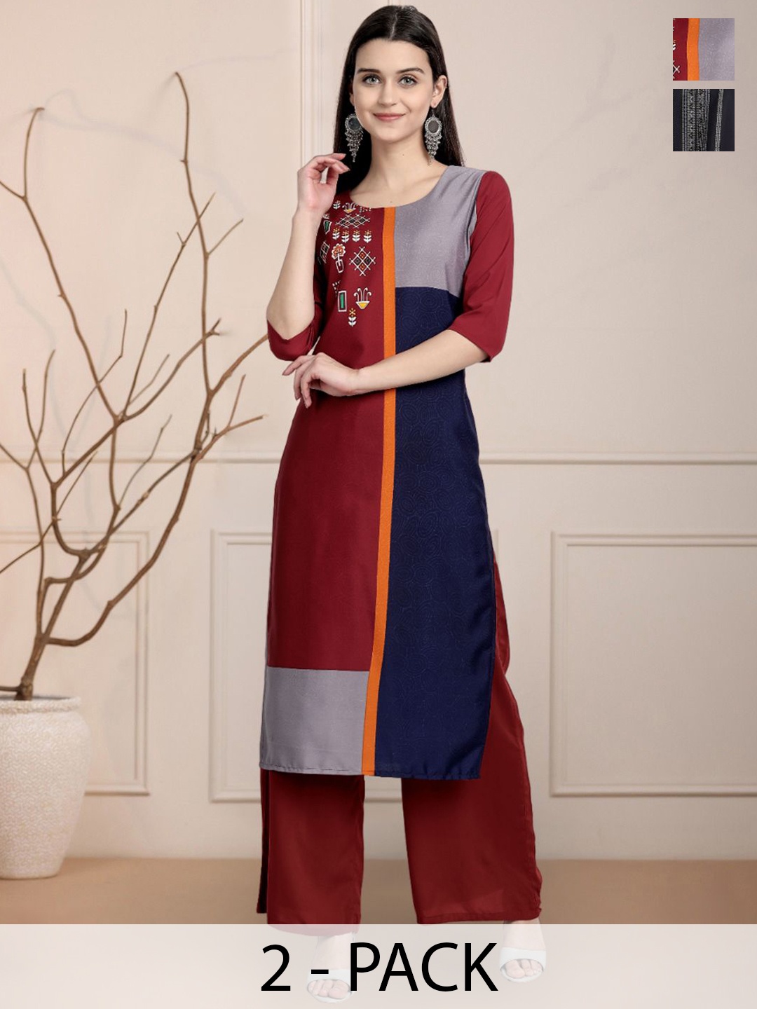 

Moda Rapido Maroon & Black Selection Of 2 Colourblocked Printed Straight Kurtas