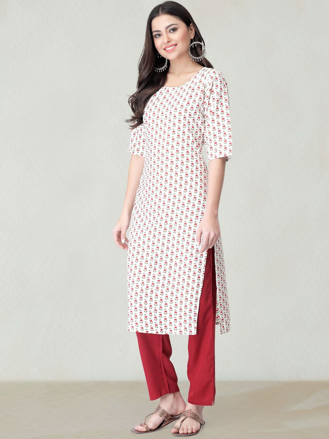 

Moda Rapido Floral Printed Round Neck Straight Kurta, White