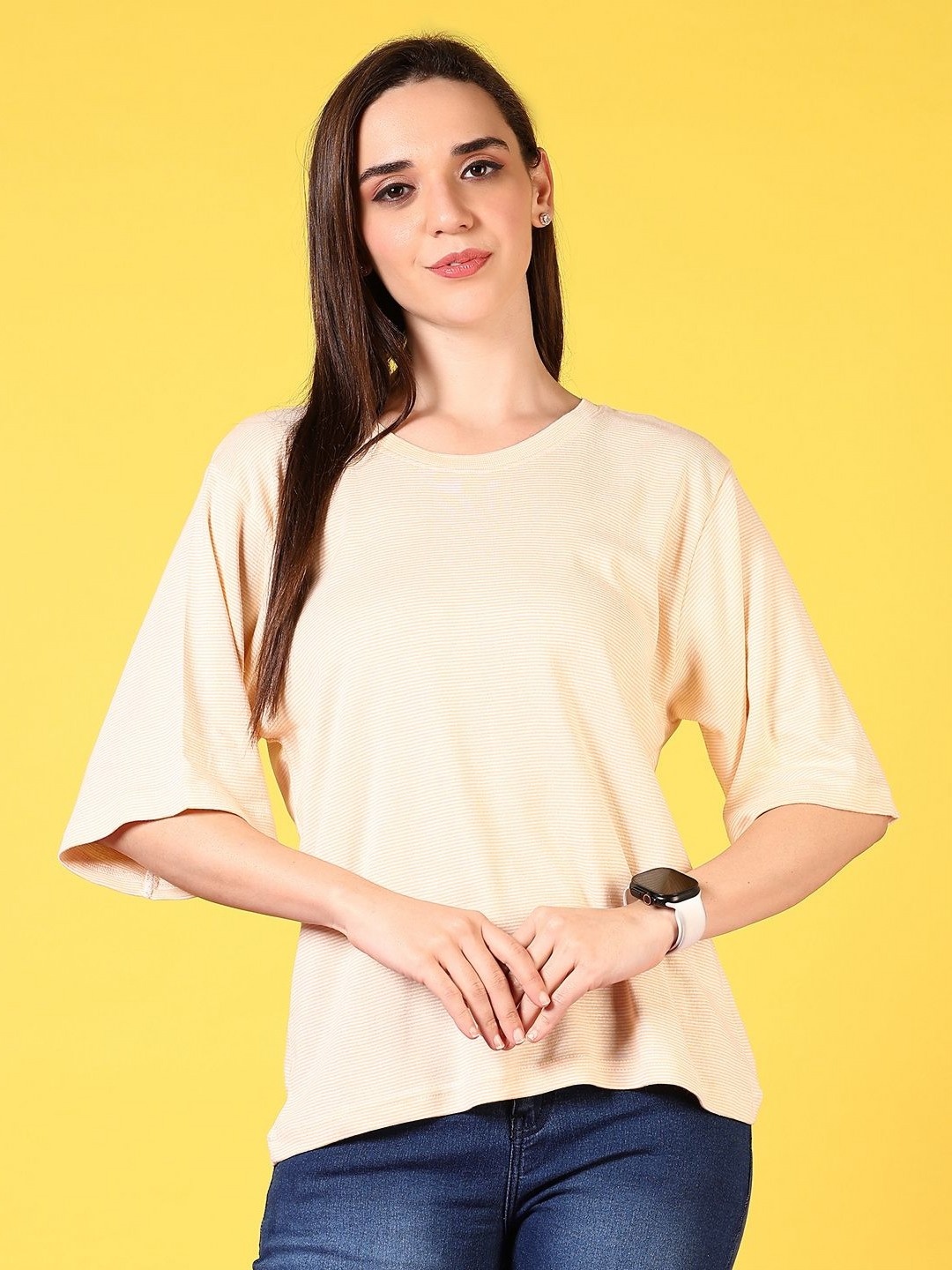 

V-Mart Women Self Design Round Neck Cotton Relaxed Fit T-shirt, Yellow