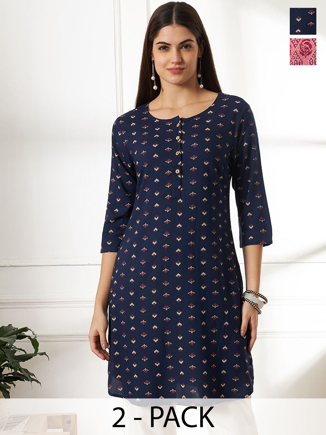 

Anouk Rustic Selection of 2 Women Floral Printed Round Neck Straight Kurta, Navy blue