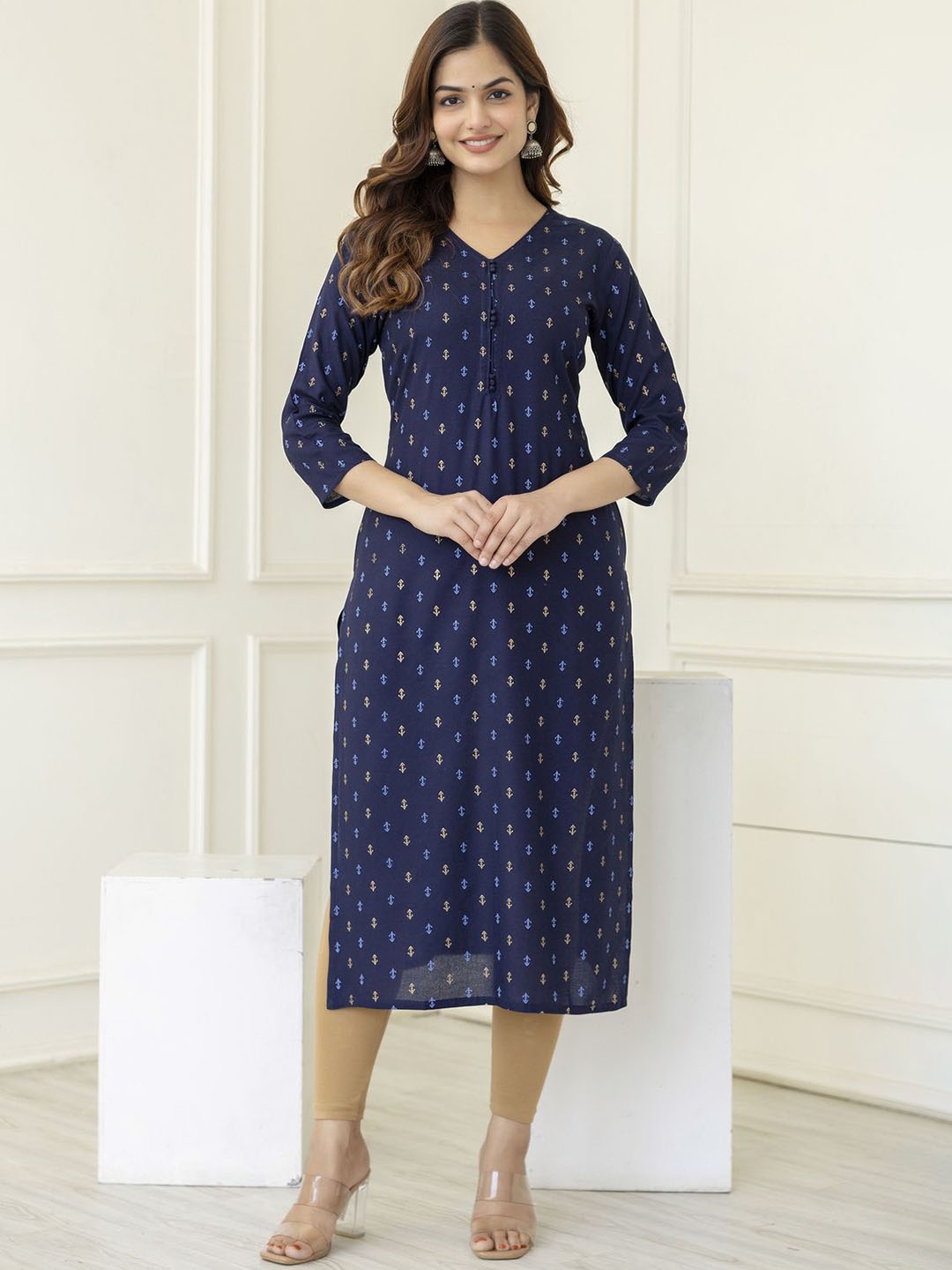 

KALINI Floral Printed V-Neck Straight Kurta, Blue