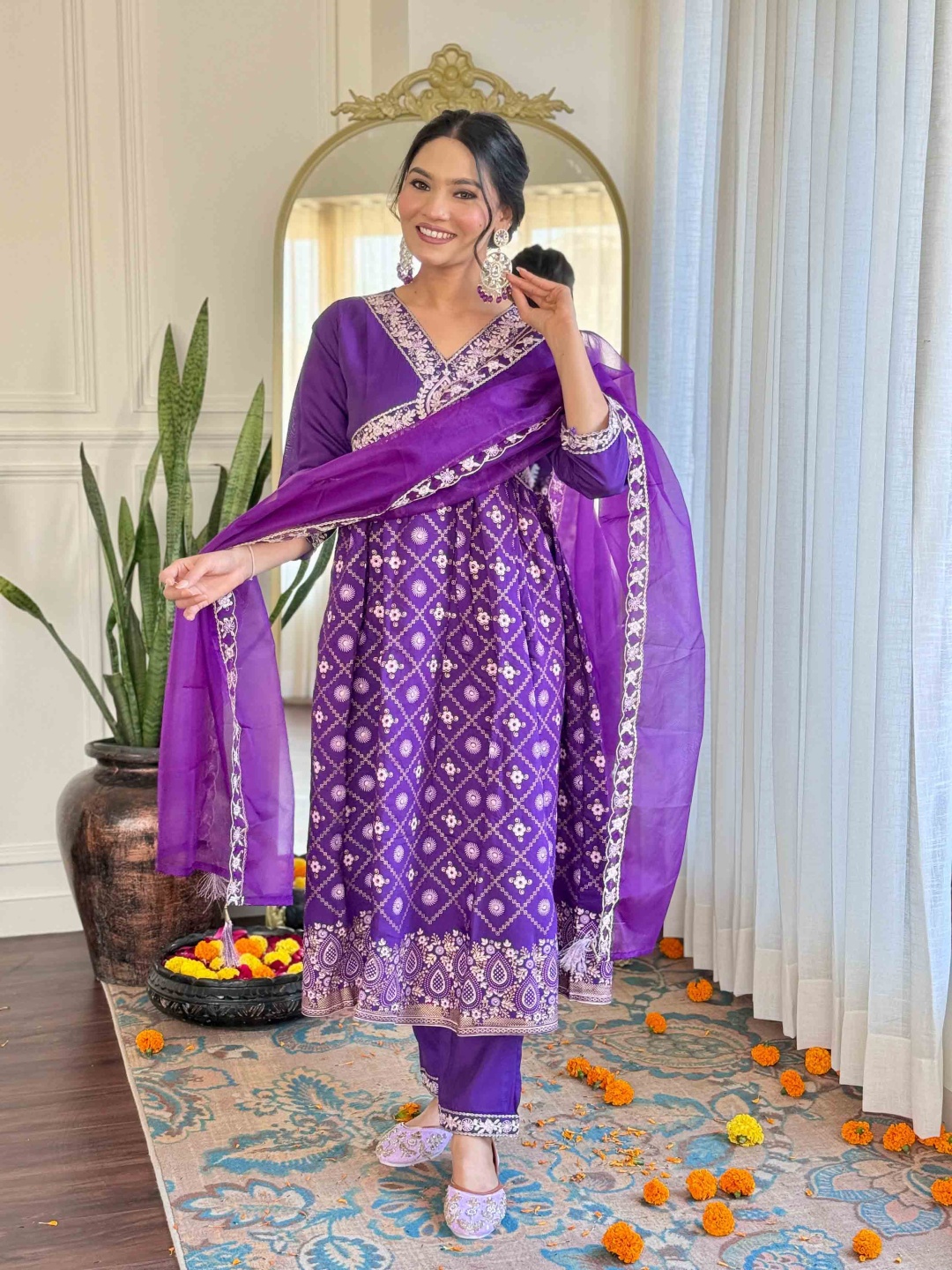 

KALINI Women Bandhani Embroidered Empire Thread Work Chanderi Silk Kurta with Trousers & With Dupatta, Purple