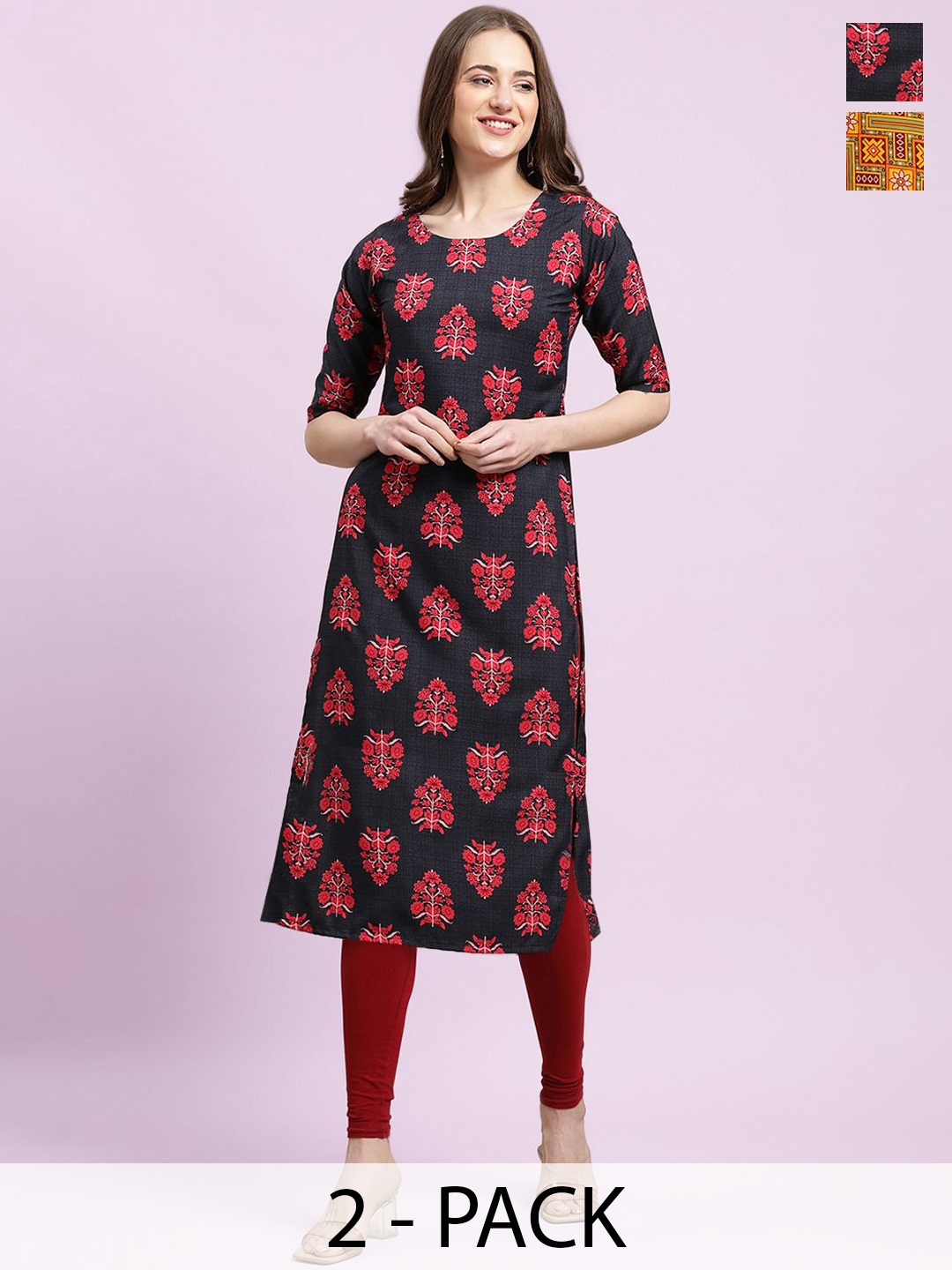 

Moda Rapido Black & Yellow Selection Of 2 Ethnic Motifs Printed Straight Kurtas
