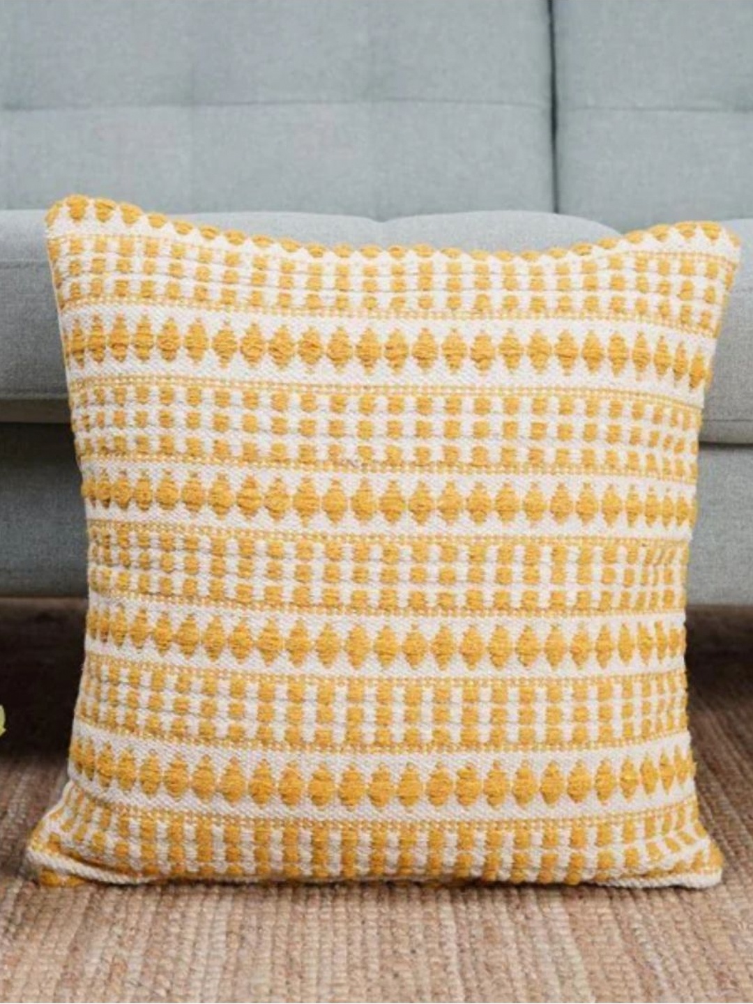 

Aura Beige & Yellow Geometric Printed Cotton Square Cushion Covers