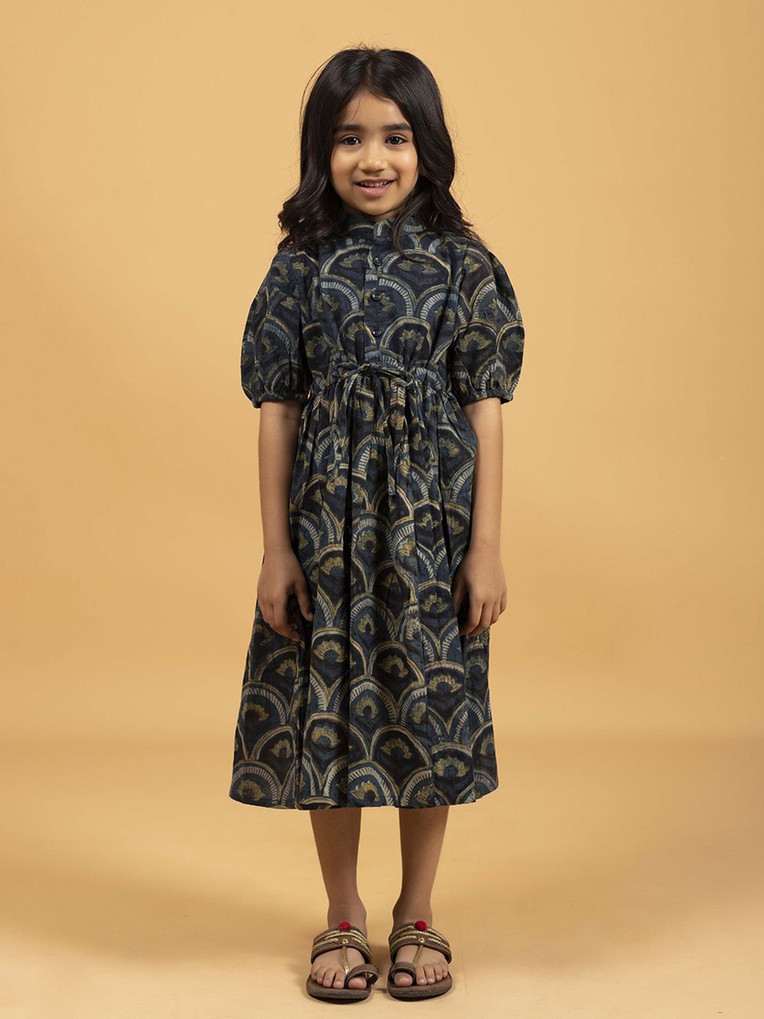 

SPARSA Ethnic Motifs Print Fit & Flare Midi Dress, Navy blue