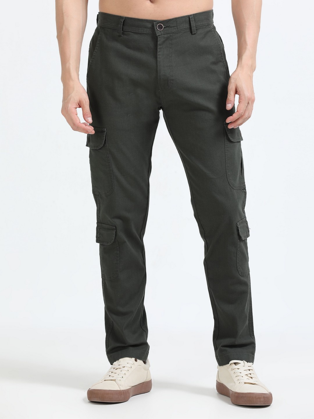 

NEVER NEUD Men Relaxed Lazy Linen Utility Cargos Trousers, Olive