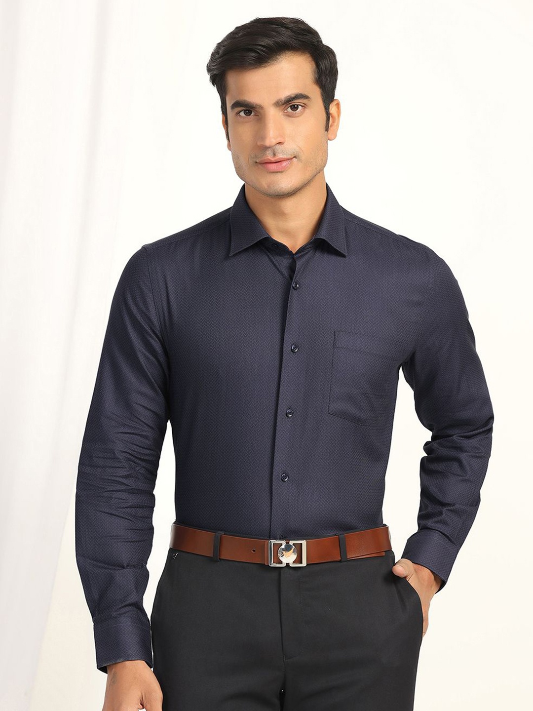 

Blackberrys Men India Slim Fit Spread Collar Textured Cotton Formal Shirt, Navy blue