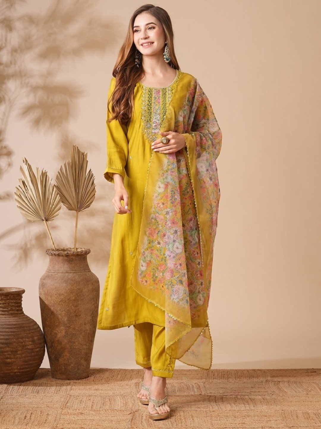 

Moda Rapido Ethnic Motifs Embroidered Chanderi Silk Straight Kurta With Trousers & Dupatta, Yellow