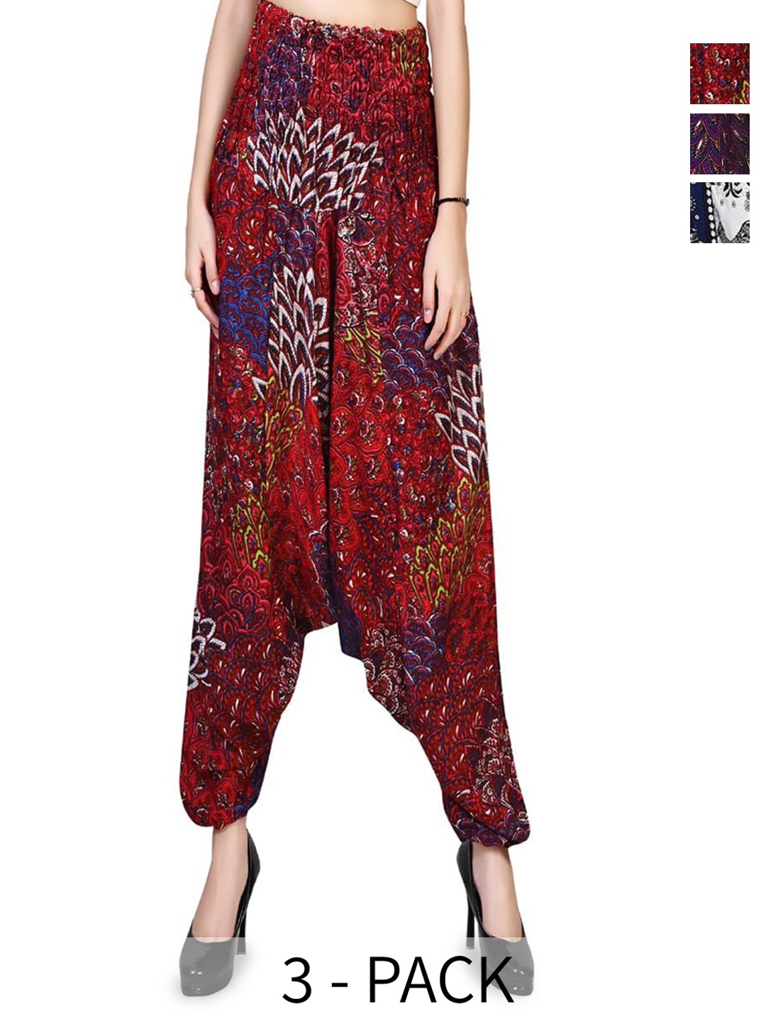 

NarNari Women Pack Of 3 Printed Mid-Rise Harem Pants, Red