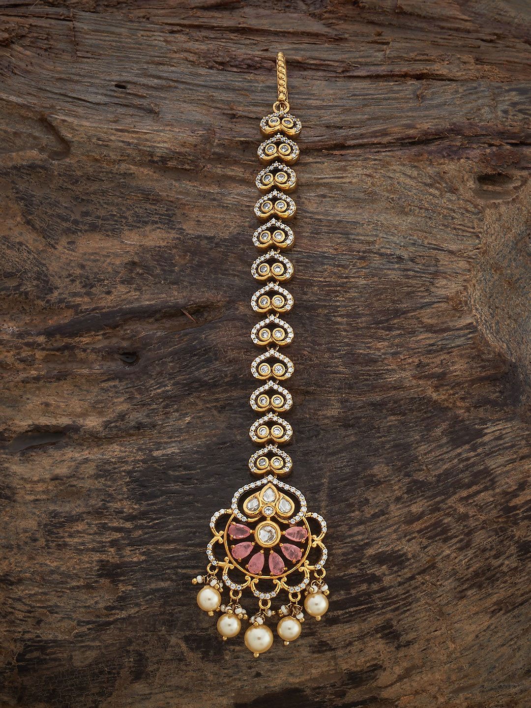 

Kushal's Fashion Jewellery Pink Victorian-Plated Kundan Studded Maang Tikka, Gold