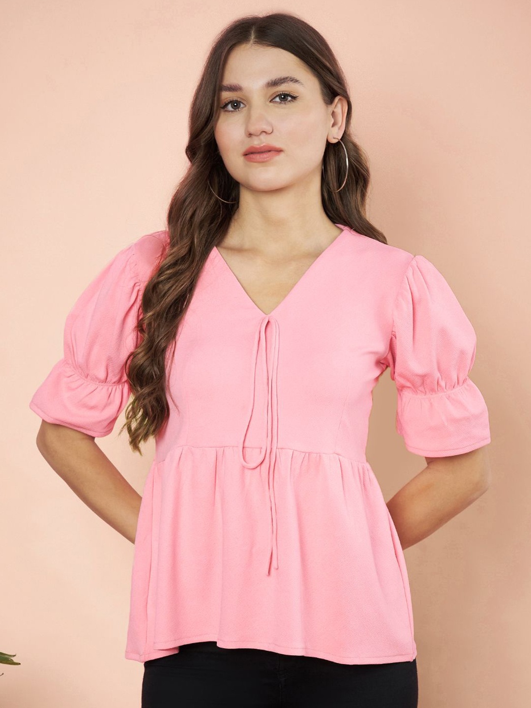 

Fbella Puff Sleeve Peplum Top, Pink