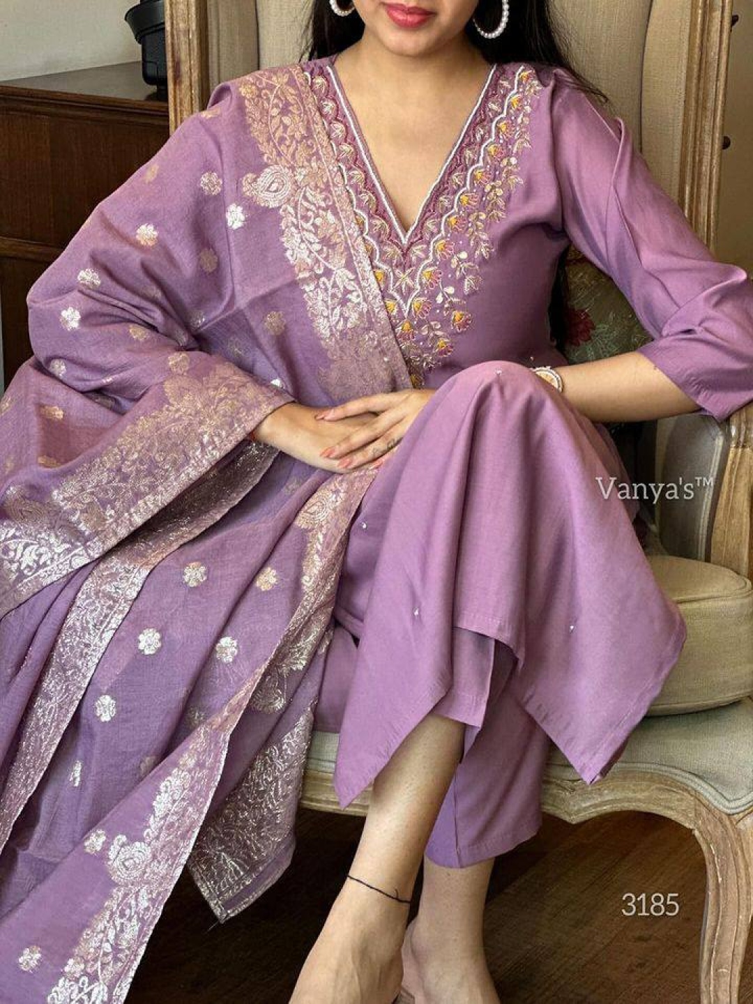 

Moda Rapido Floral Embroidered V-Neck Straight Kurta With Trousers And Dupatta, Violet