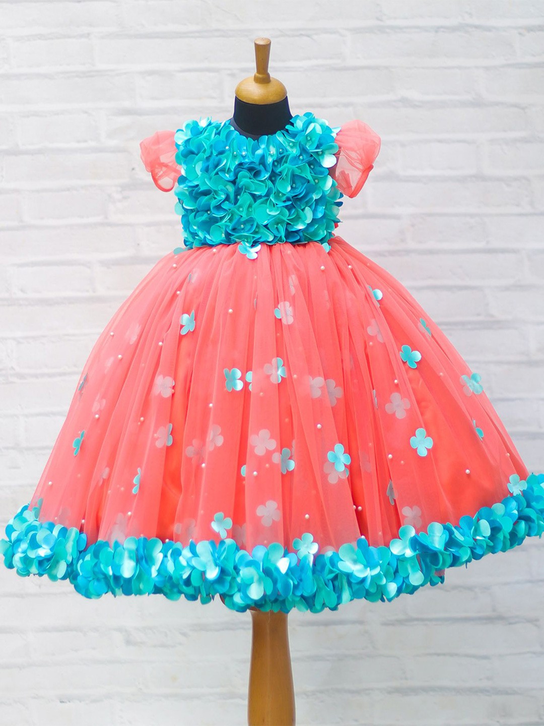 

Li & Li Boutique Girls Coral and Aqua Blue Shaded Flower Petal Frock, Pink