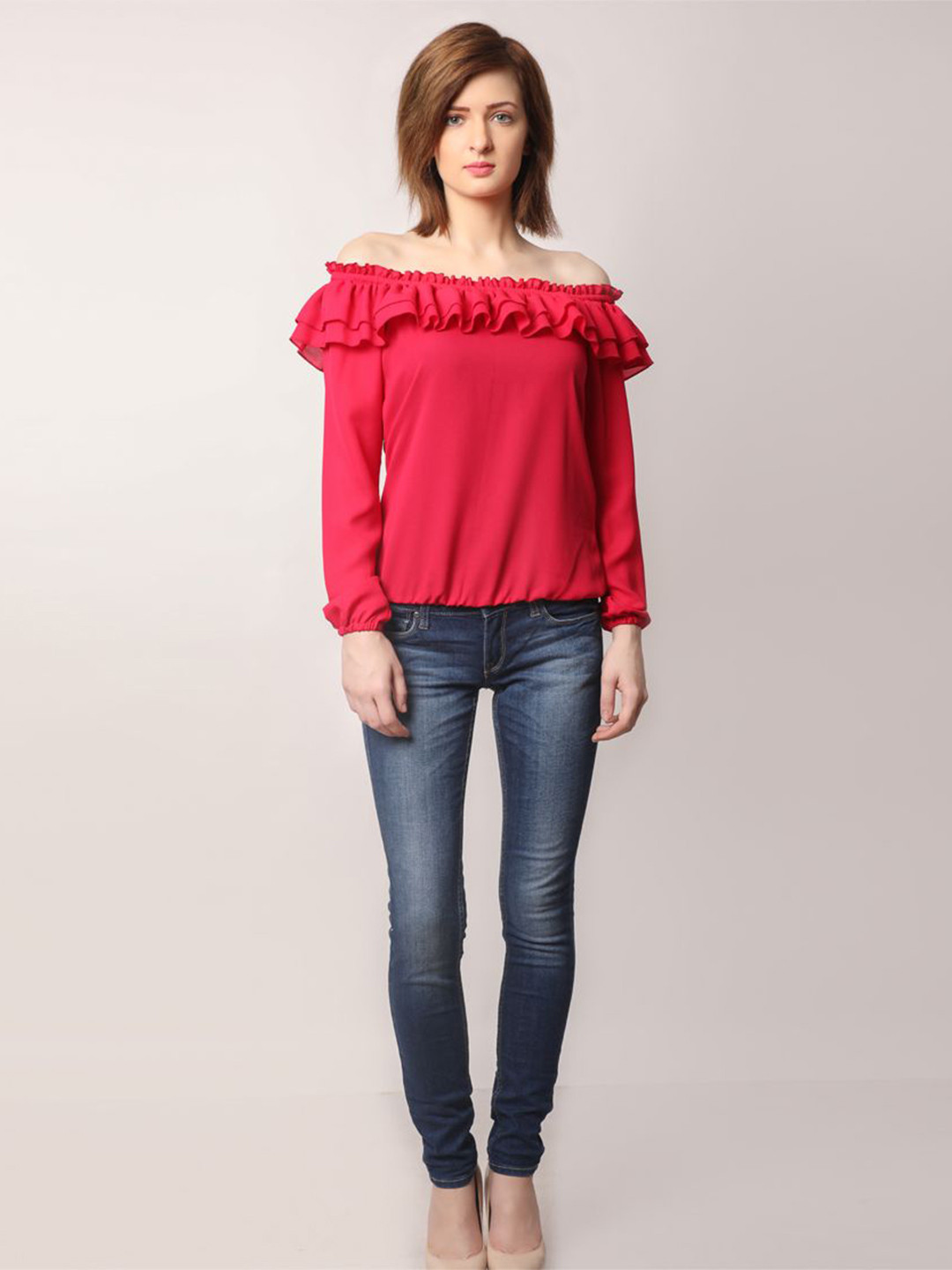 

DELIS Off-Shoulder Monochrome Georgette Top, Magenta
