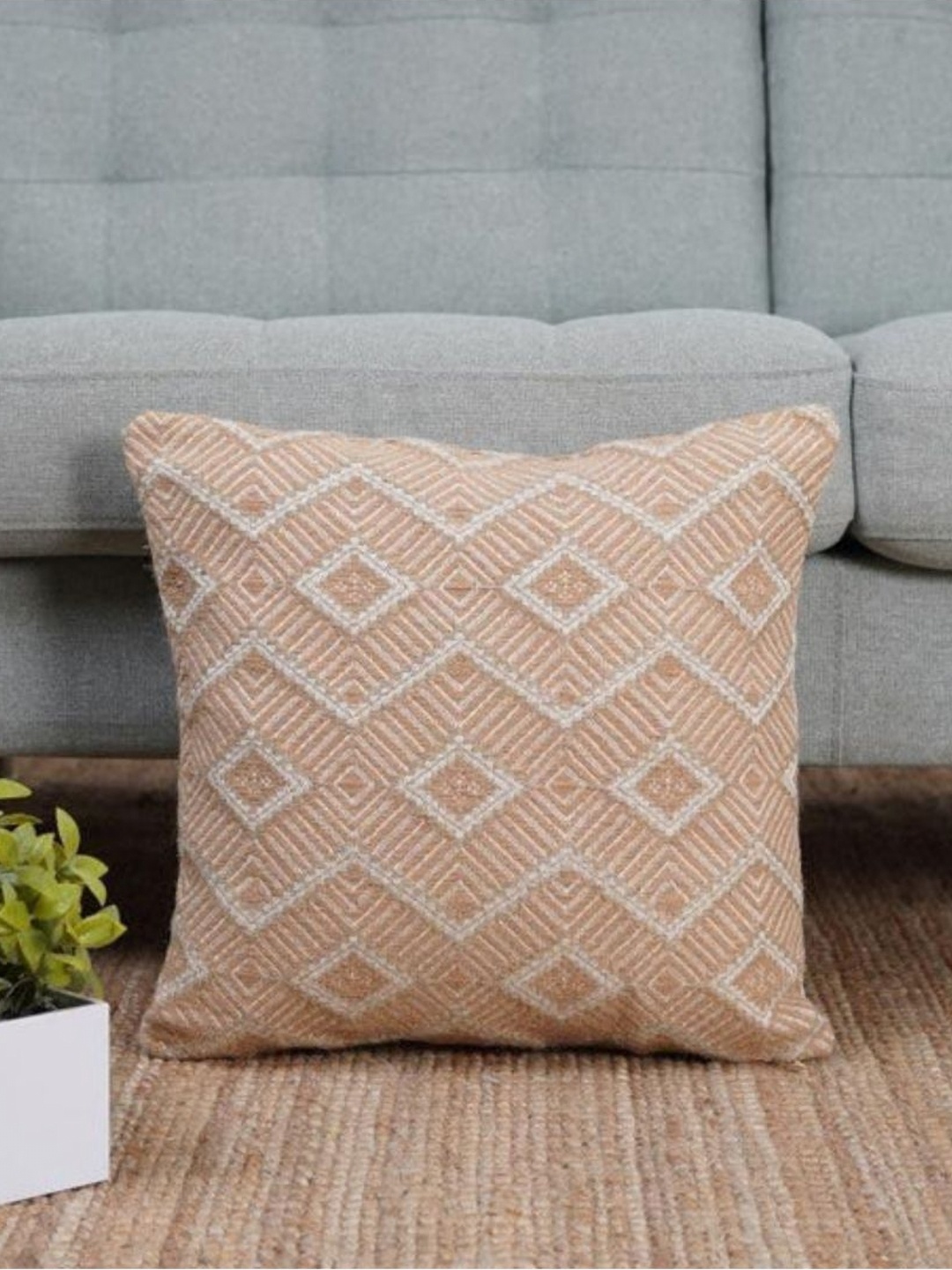 

Aura Beige & Brown Geometric Embroidered Square Cushion Covers, Peach