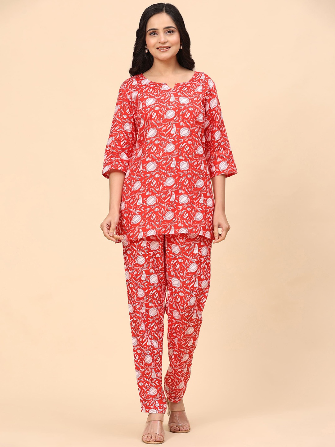 

Intizer Floral Printed Notch Neck Pure Cotton Tunic & Trouser, Red