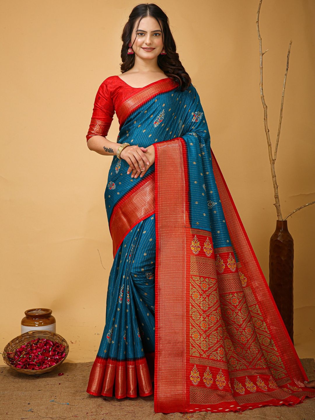 

Anouk Rustic Ethnic Motifs Zari Silk Blend Sungudi Saree, Blue