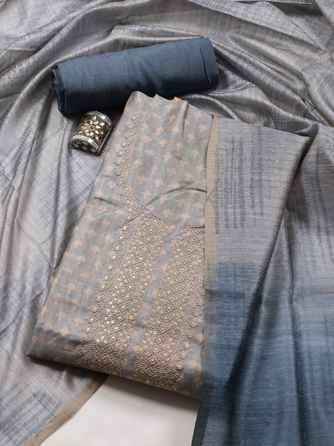

Meena Bazaar Printed Art Silk Unstitched Dress Material, Grey
