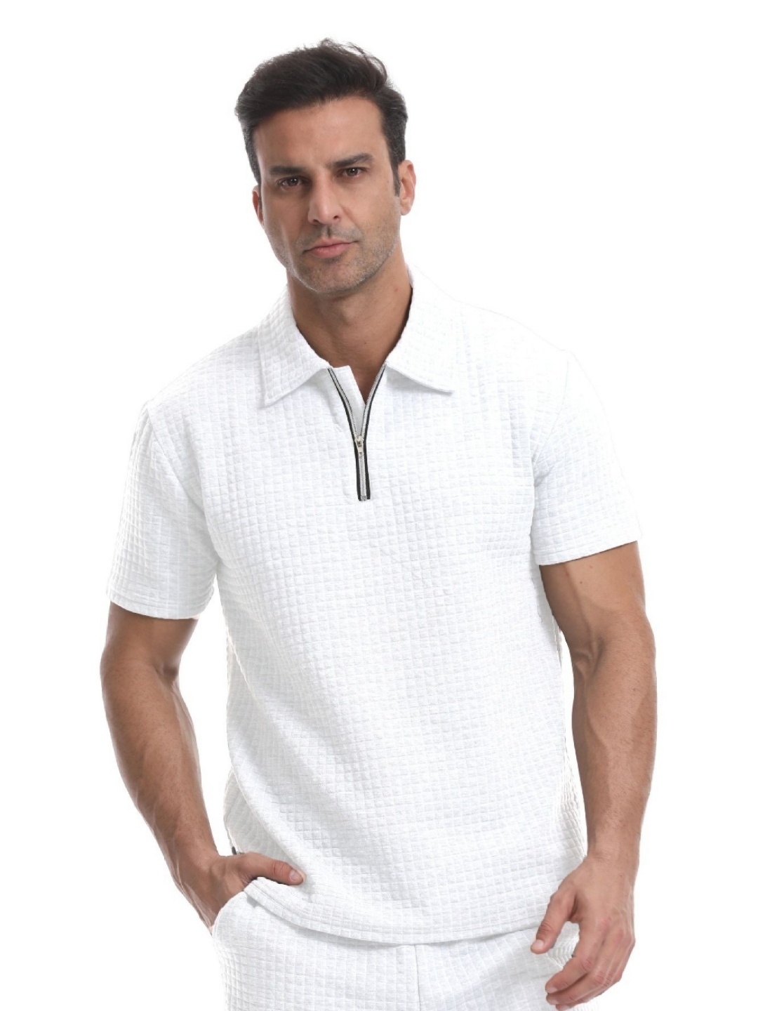 

StyleCast x Revolte Men Polo Collar Raw Edge T-shirt, White