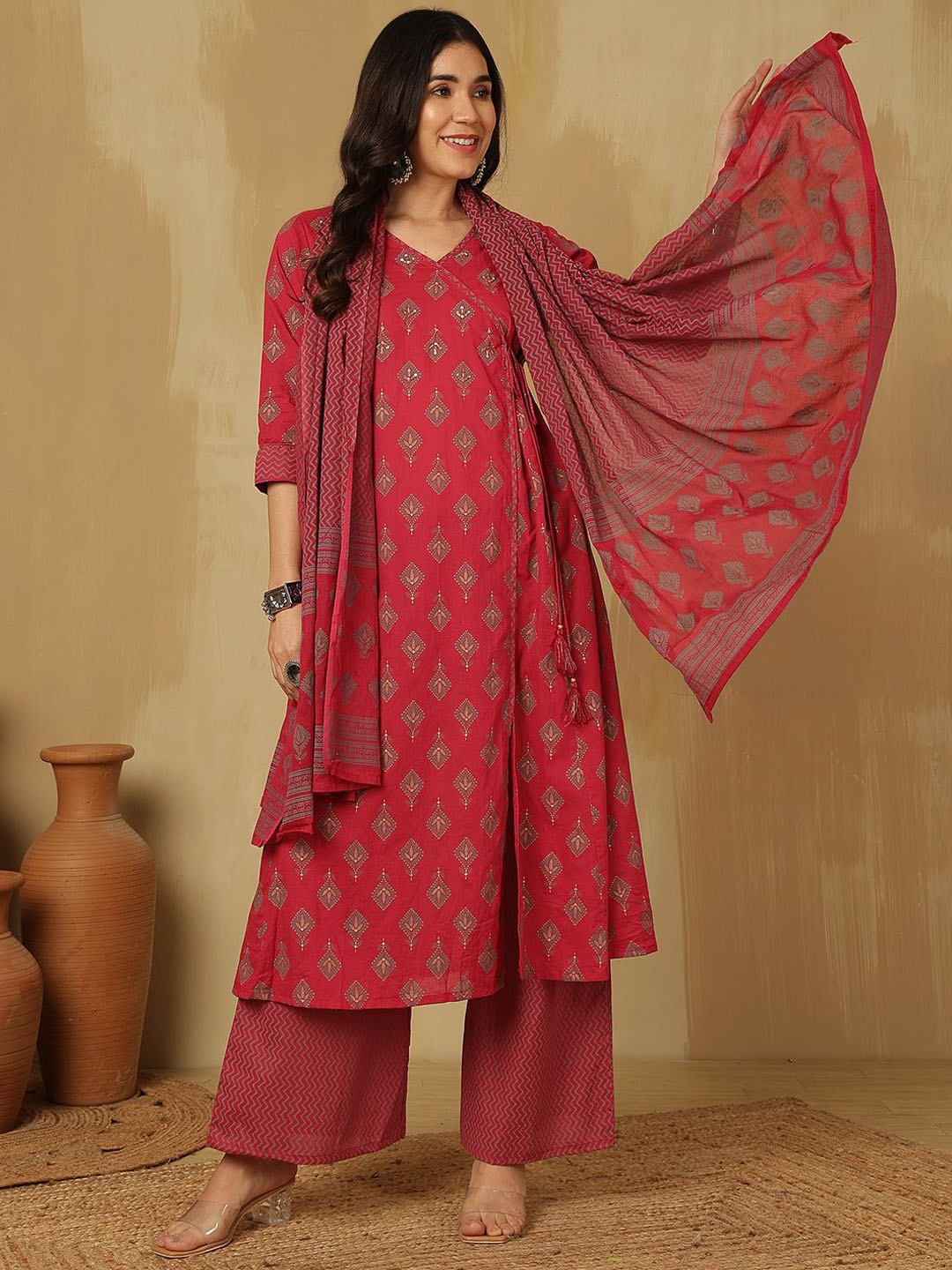 

Sangria Block Printed Pure Cotton A-Line Kurta & Trouser With Dupatta, Red