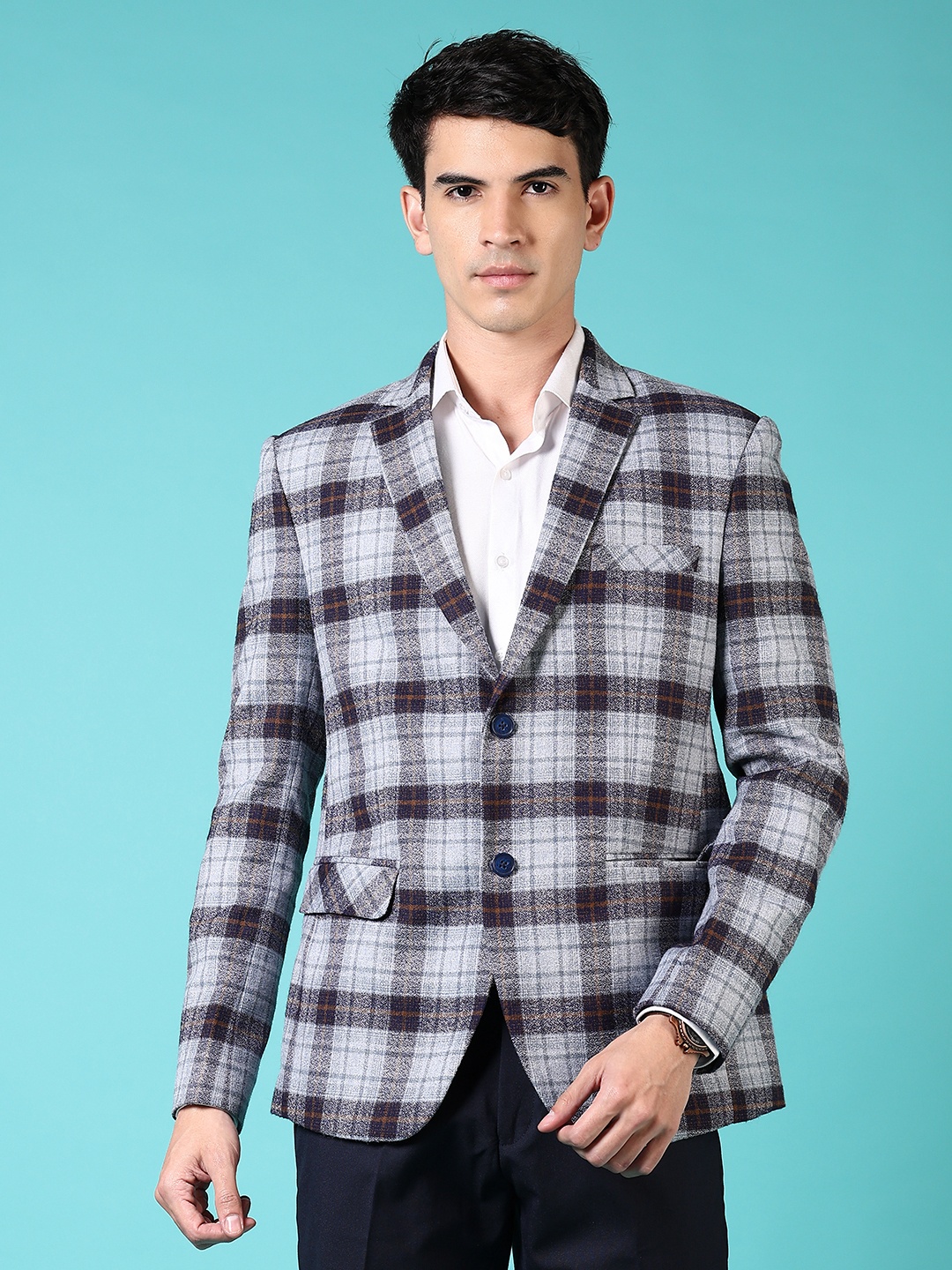 

V-Mart Checked Cotton Notched Lapel Collar Single Breasted Formal Blazer, Navy blue